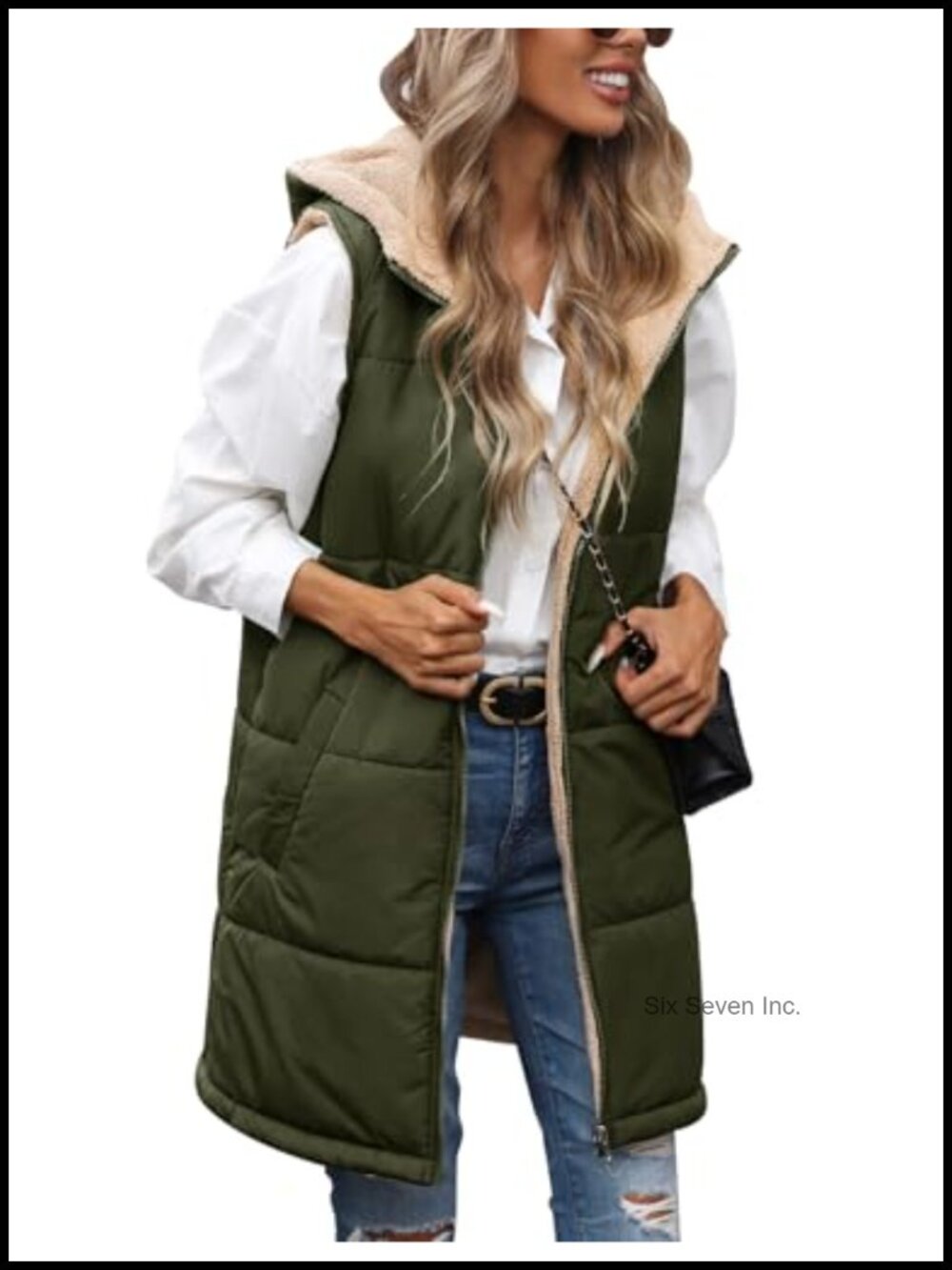 Women's Long Reversible Puffer Fleece Vest Sleeveless Zip-Up Winter Warm